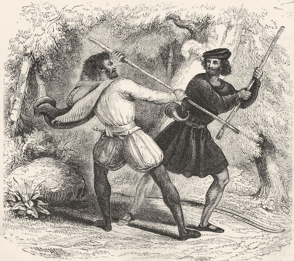 ROGUES. Robin Hood & Tanner-Quarter-staff 1845 old antique print picture
